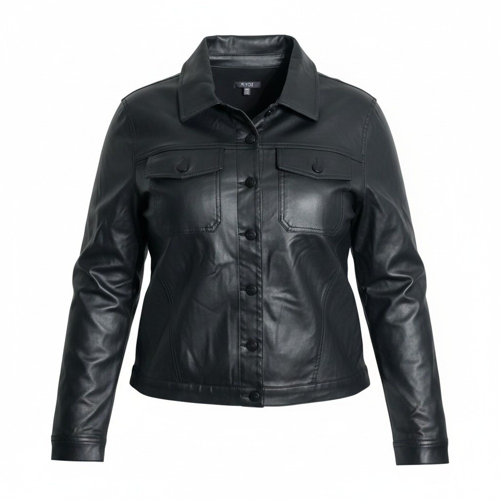 NYDJ Black Faux Leather Trucker Jacket Womens XL Coated Modal Stretch MJFA2394